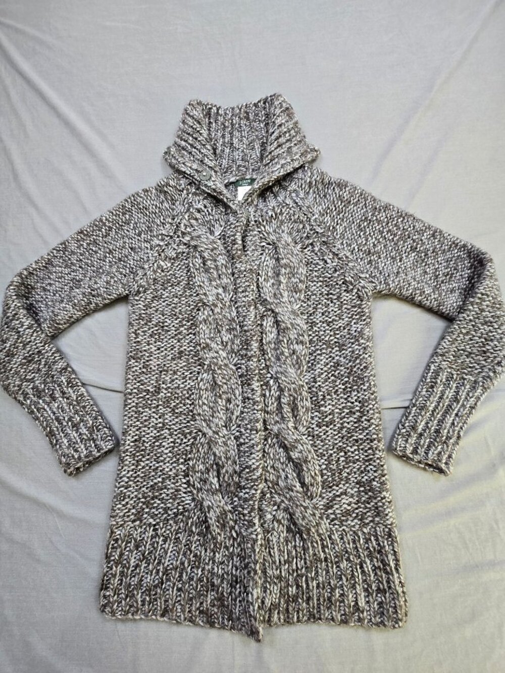 J Crew Medium Handknit Cardigan Gray Cable Knit Sweater Wool Blend